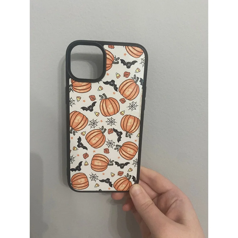 iPhone Case 14 Plus White Pumpkin Bat Halloween Spooky Print Black Bumper